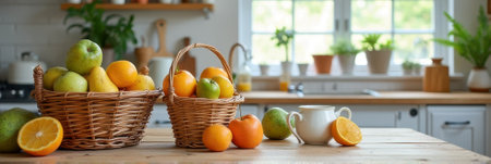 Fresh citrus and apples in wicker baskets on a kitchen table with sunlight. That the image is generated using AI.の素材