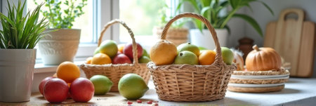 Fresh fruit baskets on kitchen table with apples, oranges, and pears. That the image is generated using AI.の素材