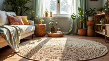 Cozy sunlit living room with round rug and indoor plants. That the image is generated using AI.の素材