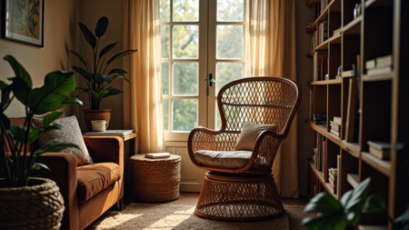 Cozy sunlit reading nook with rattan chair and green plants in bright living room. That the image is generated using AI.の素材