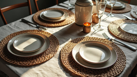 Elegant table setting with woven placemats and ceramic dinnerware at sunset. That the image is generated using AI.の素材