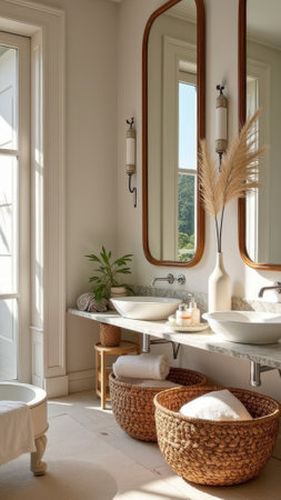Elegant minimalist bathroom with natural light and wicker accents. That the image is generated using AI.の素材