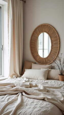 Cozy minimalist bedroom with rattan mirror and neutral tones. That the image is generated using AI.の素材