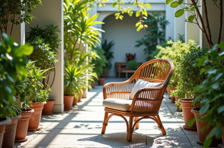 Serene outdoor garden with wooden chair amidst lush greenery and potted plants. That the image is generated using AI.の素材