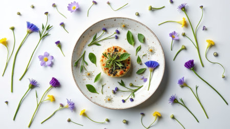 Herb-infused cheese dish with colorful wildflowers on white background. That the image is generated using AI.の素材