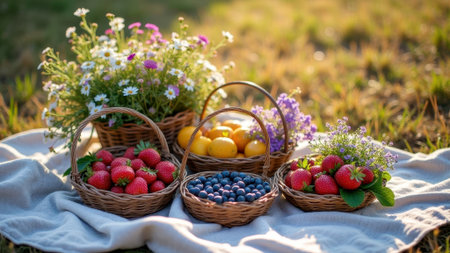 Baskets of fresh strawberries, blueberries, and flowers on a picnic blanket in sunlit meadow. That the image is generated using AI.の素材