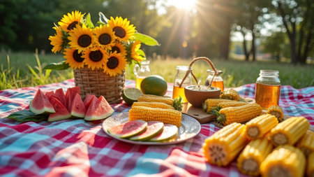 Summer picnic spread with sunflowers, corn, and fresh fruit on checkered blanket outdoors. That the image is generated using AI.の素材