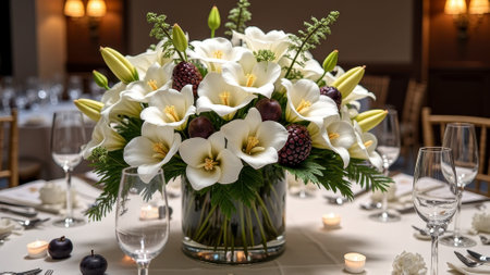 Elegant white lily and blackberry centerpiece on wedding reception table. That the image is generated using AI.の素材