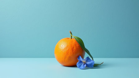 Orange with blue flower and green leaf on blue background. That the image is generated using AI.の素材