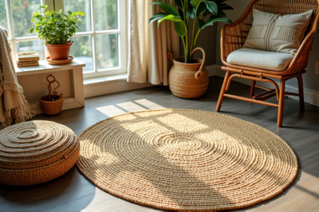 Cozy sunlit living room with round woven rug and rattan chair. That the image is generated using AI.の素材