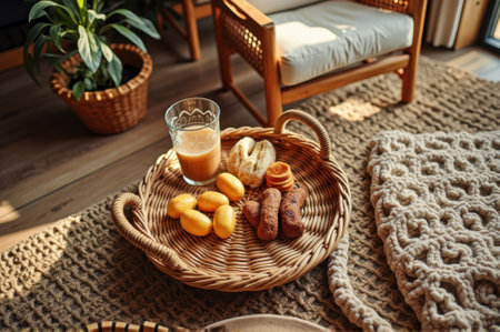 Cozy morning scene with wicker basket and breakfast pastries in sunlit living room. That the image is generated using AI.の素材
