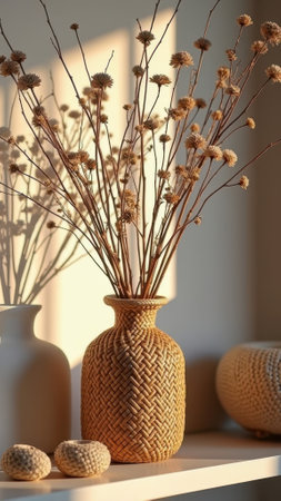 Sunlit woven vase with dried flowers on shelf in warm morning light. That the image is generated using AI.の素材
