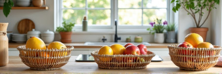 Sunlit kitchen with fresh fruit baskets on wooden countertop. That the image is generated using AI.の素材