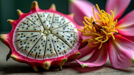 Close-up of fresh dragon fruit and pink lotus flower in bloom. That the image is generated using AI.の素材
