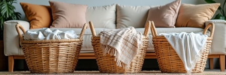 Cozy living room with sofa and three woven baskets filled with blankets. That the image is generated using AI.の素材