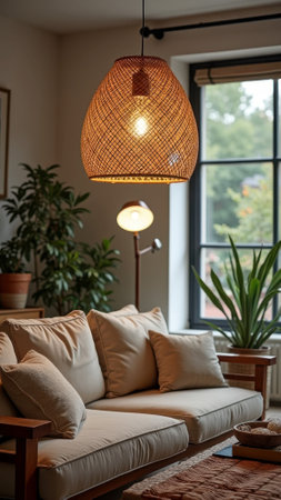 Cozy living room with wicker lamp and comfortable sofa near large window. That the image is generated using AI.の素材