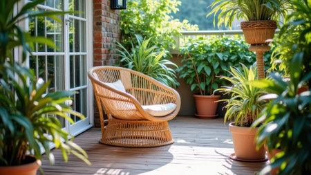 Cozy rattan chair on sunlit balcony with lush green plants in vibrant pots. That the image is generated using AI.の素材