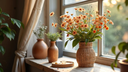 Sunlit window with wildflowers in woven vase on wooden table. That the image is generated using AI.の素材
