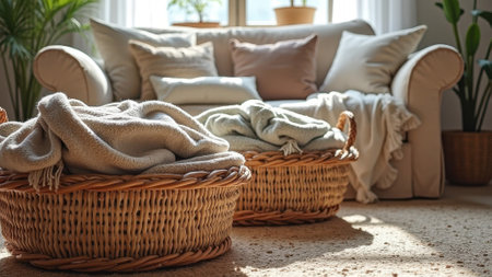 Cozy living room with woven baskets and plush blankets in sunlit space. That the image is generated using AI.の素材