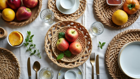 Elegant table setting with fruits and wicker baskets on white tablecloth. That the image is generated using AI.の素材