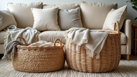 Cozy living room with beige sofa, cushions, and wicker baskets decorated with throws. That the image is generated using AI.の素材