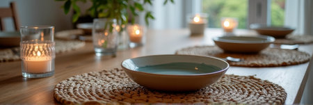 Cozy dining table setting with candles and ceramic bowls on woven placemats. That the image is generated using AI.の素材