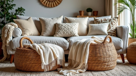 Cozy living room with wicker baskets and cushions in neutral tones. That the image is generated using AI.の素材