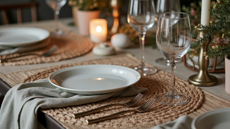 Elegant table setting with plates and glasses for a cozy dinner. That the image is generated using AI.の素材
