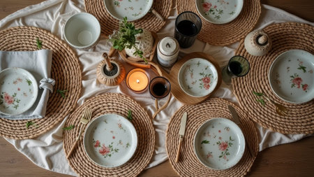 Elegant table setup with floral plates and woven placemats for a cozy dining experience. That the image is generated using AI.の素材