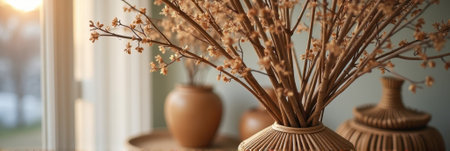 Rustic dried flowers in sunlit woven vase. That the image is generated using AI.の素材