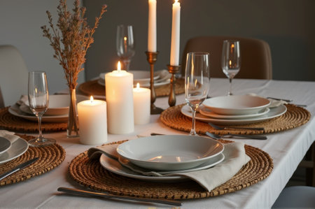 Elegant candlelit dining table setup with white plates and woven placemats. That the image is generated using AI.の素材