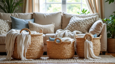 Cozy living room with woven baskets and textured cushions in natural light. That the image is generated using AI.の素材