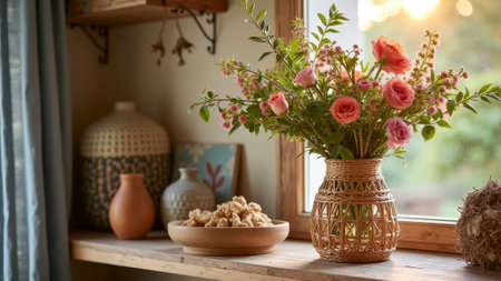 Vibrant floral arrangement in wicker vase by sunny window sill. That the image is generated using AI.の素材