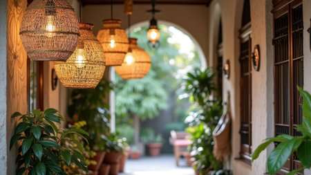 Cozy outdoor lanterns and vibrant greenery in rustic corridor ambiance. That the image is generated using AI.の素材