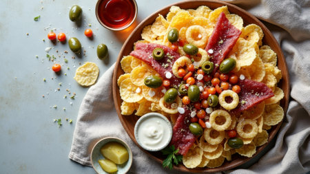 Delicious snack platter with salami, olives, and dips on a wooden tray. That the image is generated using AI.の素材