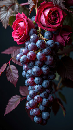 Elegant contrast of deep purple grapes and vibrant red roses. That the image is generated using AI.の素材