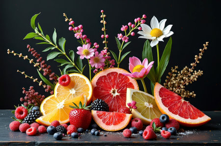 Vibrant floral and citrus display with fresh berries on dark background. That the image is generated using AI.の素材