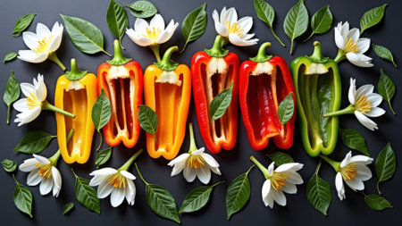 Colorful bell peppers and daisies arrangement on dark background. That the image is generated using AI.の素材