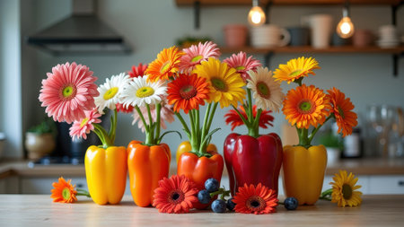 Colorful gerbera daisies in bell pepper vases on kitchen counter. That the image is generated using AI.の素材