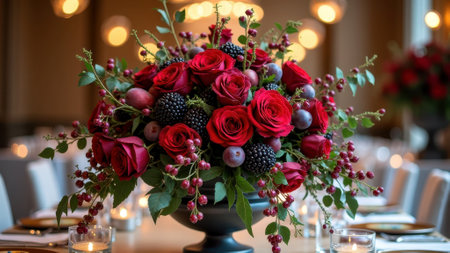 Elegant floral arrangement with red roses, berries, and greenery in soft candlelit setting. That the image is generated using AI.の素材