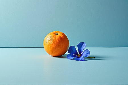 Vibrant orange and blue flower against a minimalist blue background. That the image is generated using AI.の素材