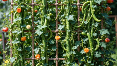 Vibrant vegetable garden with cucumbers and blossoming orange flowers on lattice. That the image is generated using AI.の素材