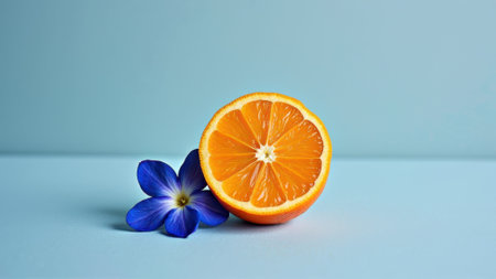 Vibrant orange half with blue flower on light blue background. That the image is generated using AI.の素材