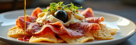 Delicious antipasto with salami, mozzarella, and black olive on crispy crackers. That the image is generated using AI.の素材