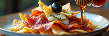 Salami and cheese appetizer with honey drizzle on crispy crackers. That the image is generated using AI.の素材