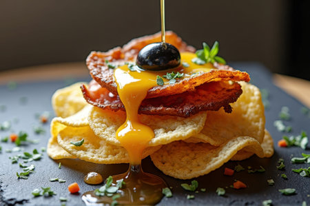 Crispy bacon and chips topped with runny egg yolk and black olive garnish. That the image is generated using AI.の素材