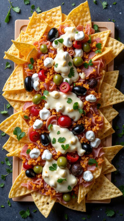 Colorful nachos platter with olives, cheese, and fresh herbs on wooden board. That the image is generated using AI.の素材