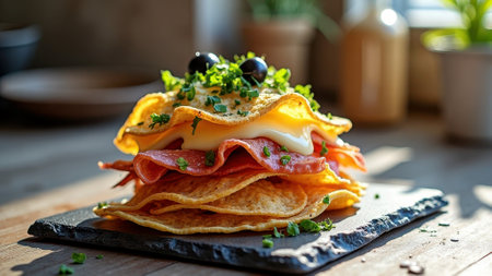 Delicious pancake stack with ham, cheese, olives in sunlit kitchen. That the image is generated using AI.の素材