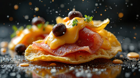 Gourmet nachos with salami, cheese sauce, and olives on crispy chips. That the image is generated using AI.の素材