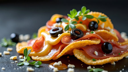 Gourmet italian ravioli with salami, olives, and fresh herbs on black background. That the image is generated using AI.の素材